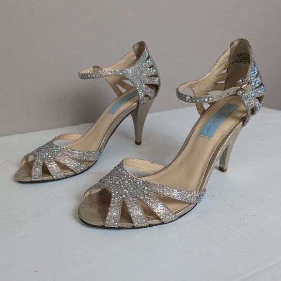 Betsey Johnson Blue Sweet Rhinestone Pumps – Size 6 Gold Heels – 3" Bridal Dress - Picture 8 of 13
